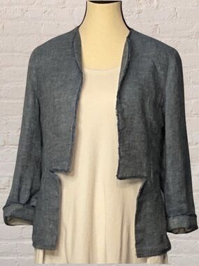 Derek LAM 10 CROSBY, DENIM BLUE LINEN OPEN FRONT JACKET BLAZER UNIQUE DESIGN